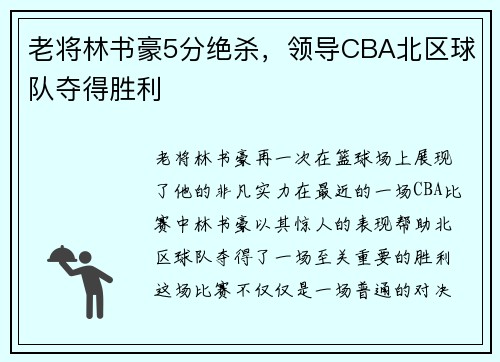 老将林书豪5分绝杀，领导CBA北区球队夺得胜利