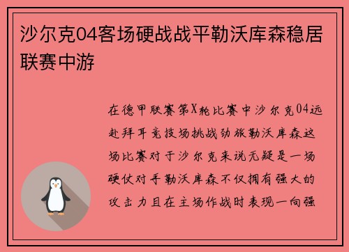 沙尔克04客场硬战战平勒沃库森稳居联赛中游